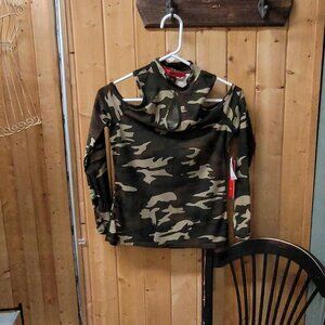 Green Camo Long Sleeve Top with Cutout Neckline and Cold Shoulder Design -Size M